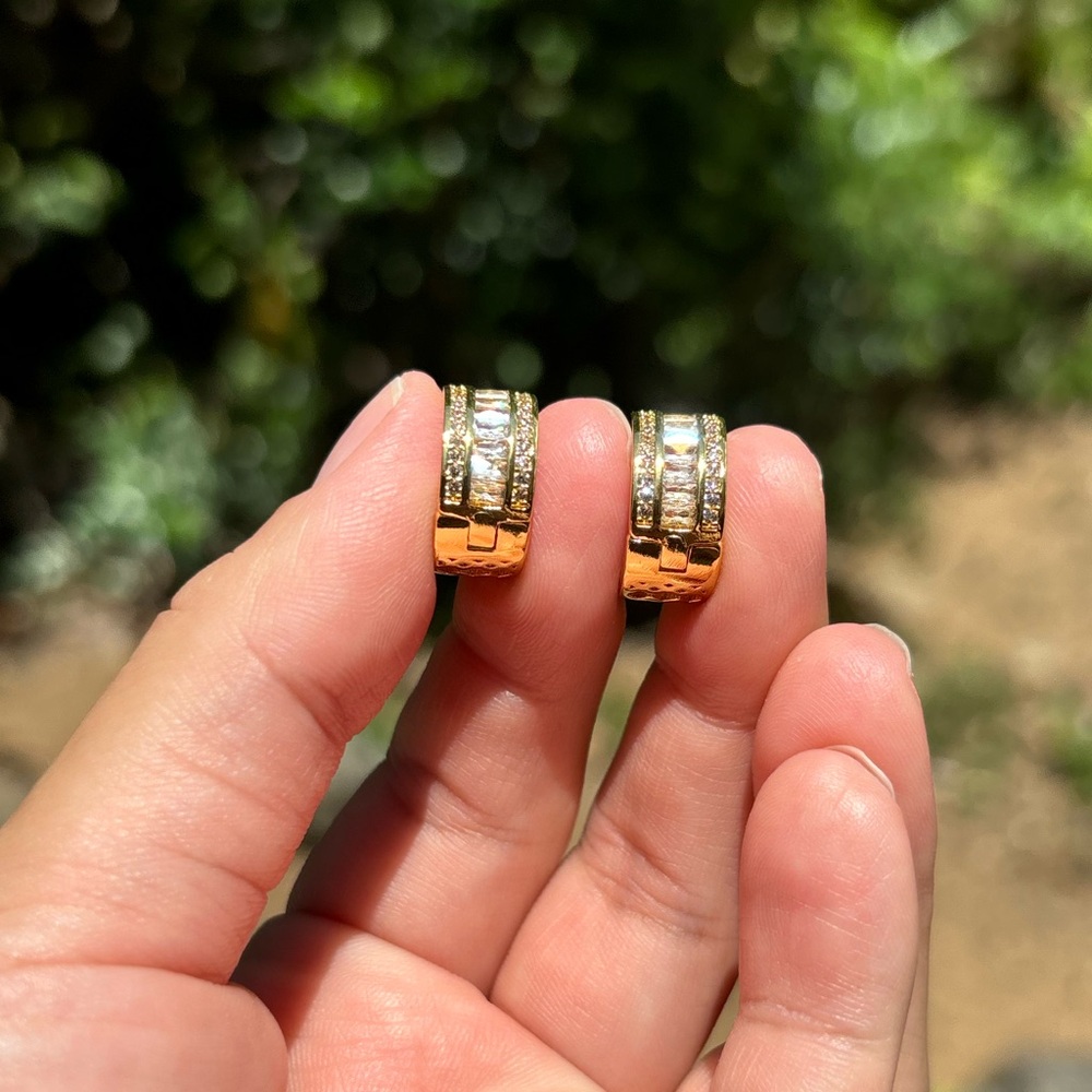18K Gold Plated Stainless Steel Diamond Hoop Earrings - Picture 5 of 6